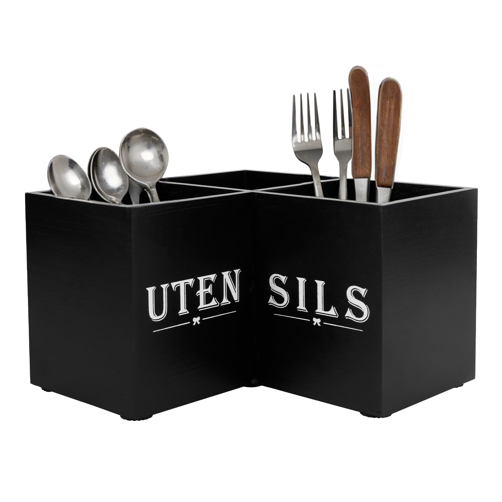 Sutowe Black Kitchen Utensils Holder With 3 Compartments, Corner Caddy Wood Utensil Organizer Decor Utensils Holder Cooking Utensil Organizer Farmhouse Decor For Kitchen Countertop Cooking