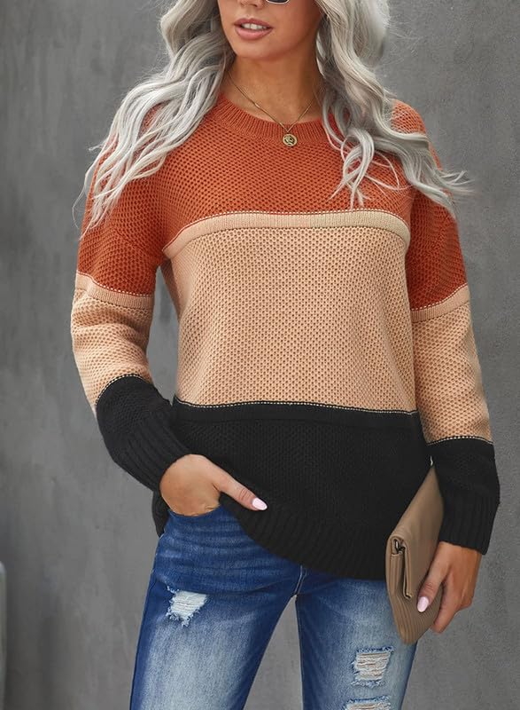 Image of Dokotoo Womens Color Block Sweaters Long Sleeve Pullover Knit Tops