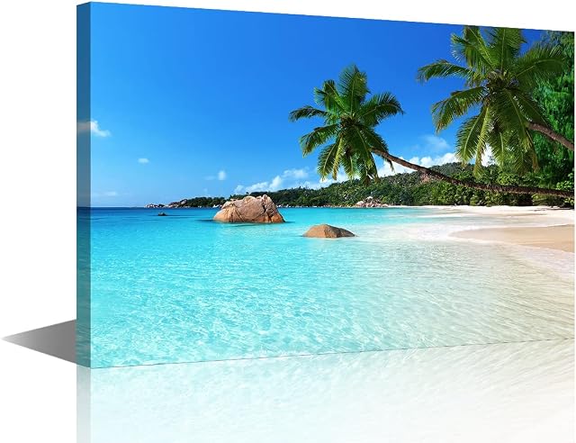 TISHIRON Canvas Wall Art Landscape Tropic Botanic Sandy Beach Island with Coconut Palm Trees Seaside Print Wall Hanging Decor for Bedroom Living Room Dorm Ready to Hang 24X36in (60x90cm)