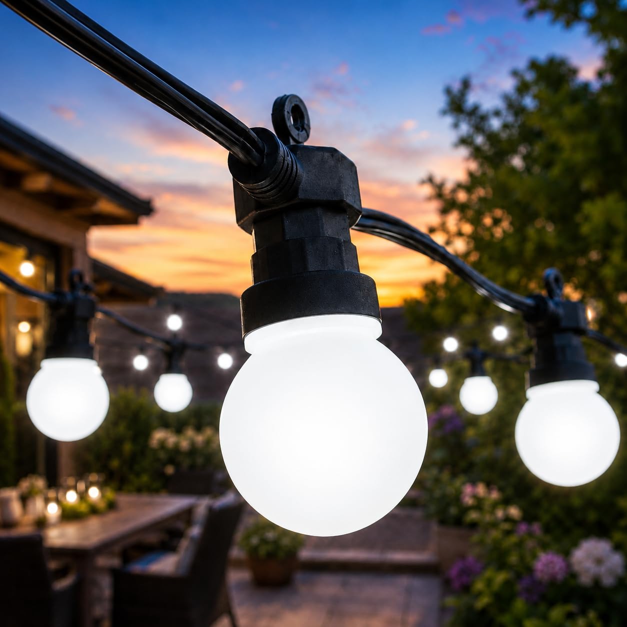 Festive Lights ConnectPro® 5m / 16ft Connectable Outdoor Garden LED Festoon Lights, White Frosted Bulbs, Commercial String Lighting, IP65 Waterproof, Black Rubber Cable, with Plug