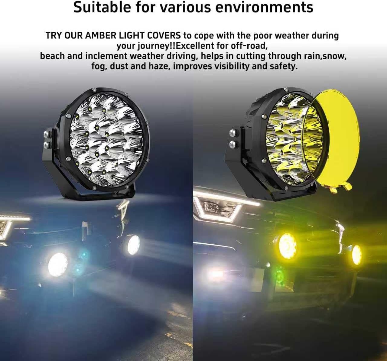 7Inch Round LED Offroad Lights 2PCS with Wiring Harness, 210W 32000LM Amber Driving Fog Lights, Spot Flood Combo, Waterproof IP68/IP69K, 12V 24V for Truck SUV Jeep ATV UTV 4x4