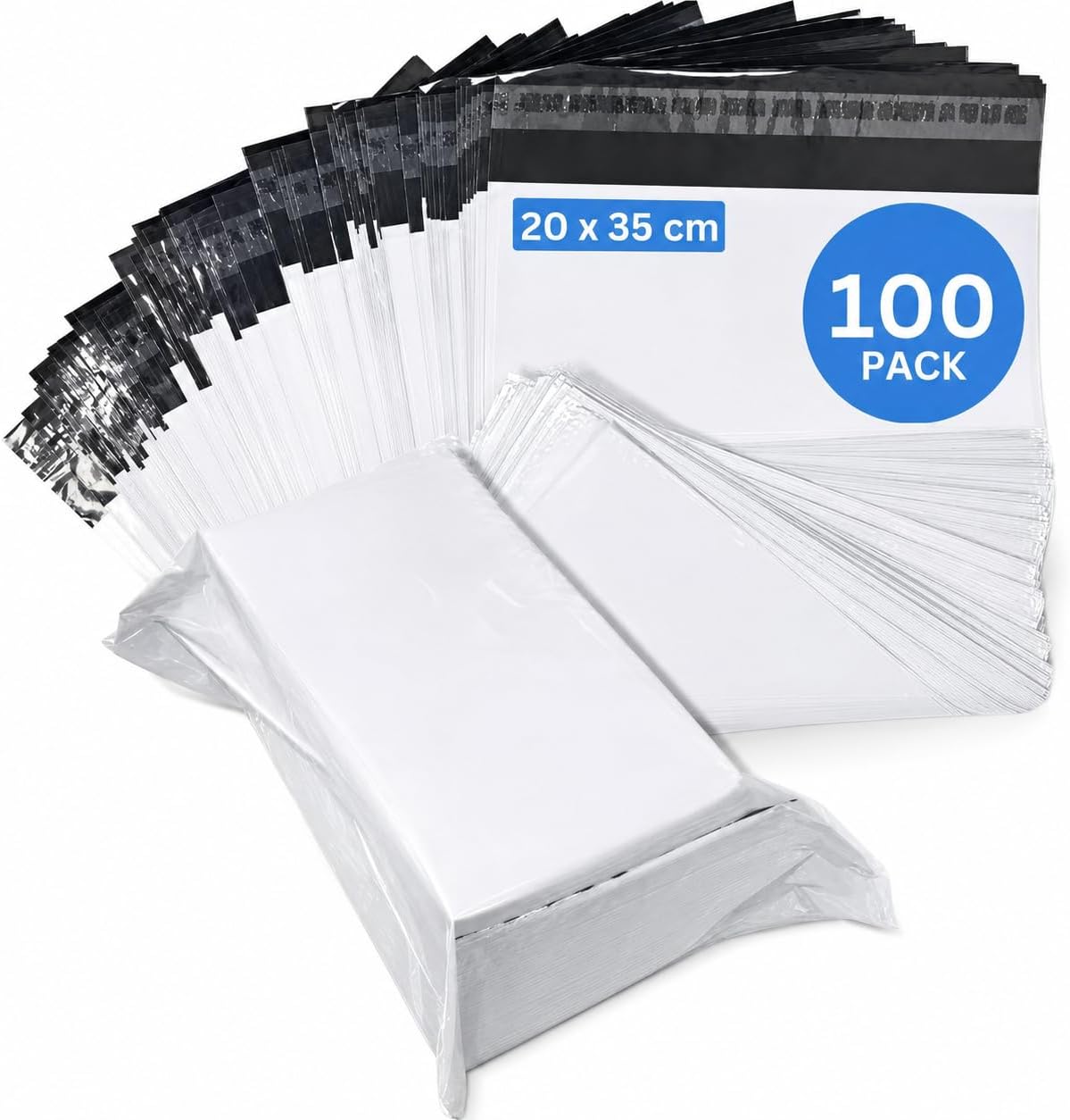 MARKQ 100 Pack White Poly Mailers Bags | 20 x 35 cm Adhesive Self-Seal Shipping Envelopes for Packaging Delivery | Ideal for Posting Parcels and Clothes