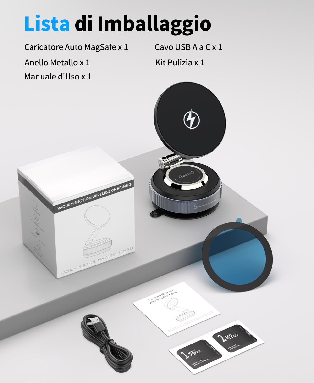 Beeasy per MagSafe Porta Cellulare Auto 15W, Caricatore Wireless Auto Regolabile a 360° [Ventosa Super Potente & Magnete N56], Magnetico Supporto Telefono Auto per iPhone 17 16 15 14 13 12