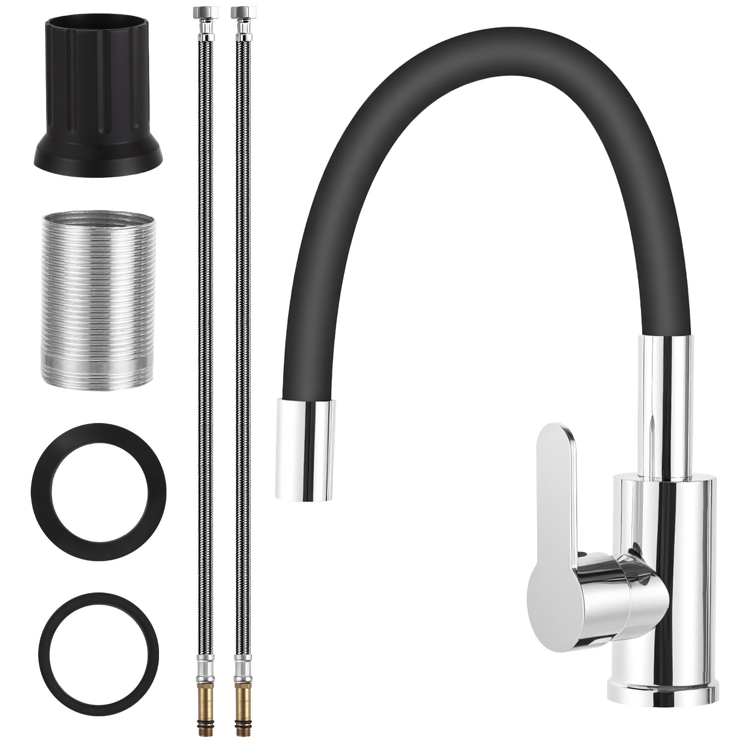 Grifo de Cocina Flexible Grifo de Fregadero de Cocina de Curva Alta Cozinha Monomando de Alta Presión, Giratorio 360°, con Filtro y Tubo de Silicona, Para Agua Caliente Y Fría