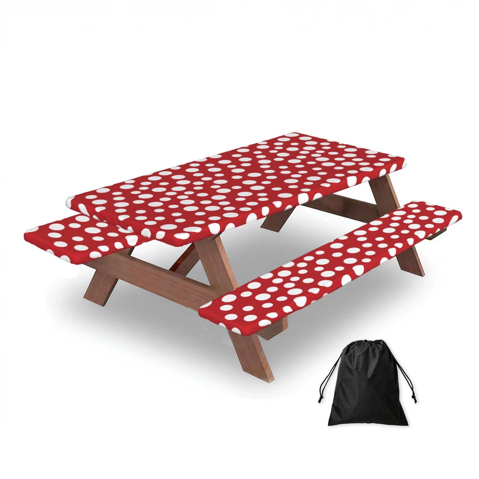 Dopklna As Picture Red White Polka Dot, Picnic Table Cover With Bench Covers -Waterproof Elastic Fitted Tablecloth For Garden Camping Patio 76X152cm