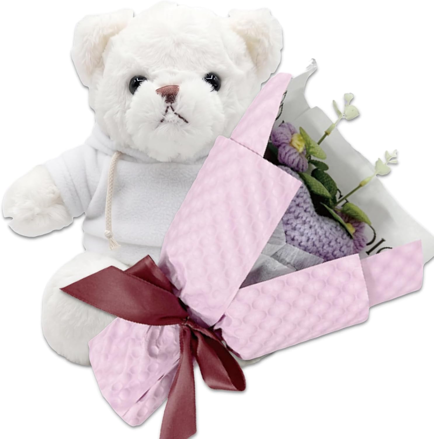 Q-FLA, and3 895517 Artificial Flower Gift, Summer Knit Bouquet, LAV, Soft Bear WH, Hoodie, Black, Bouquet, Present, Sewing Clothing