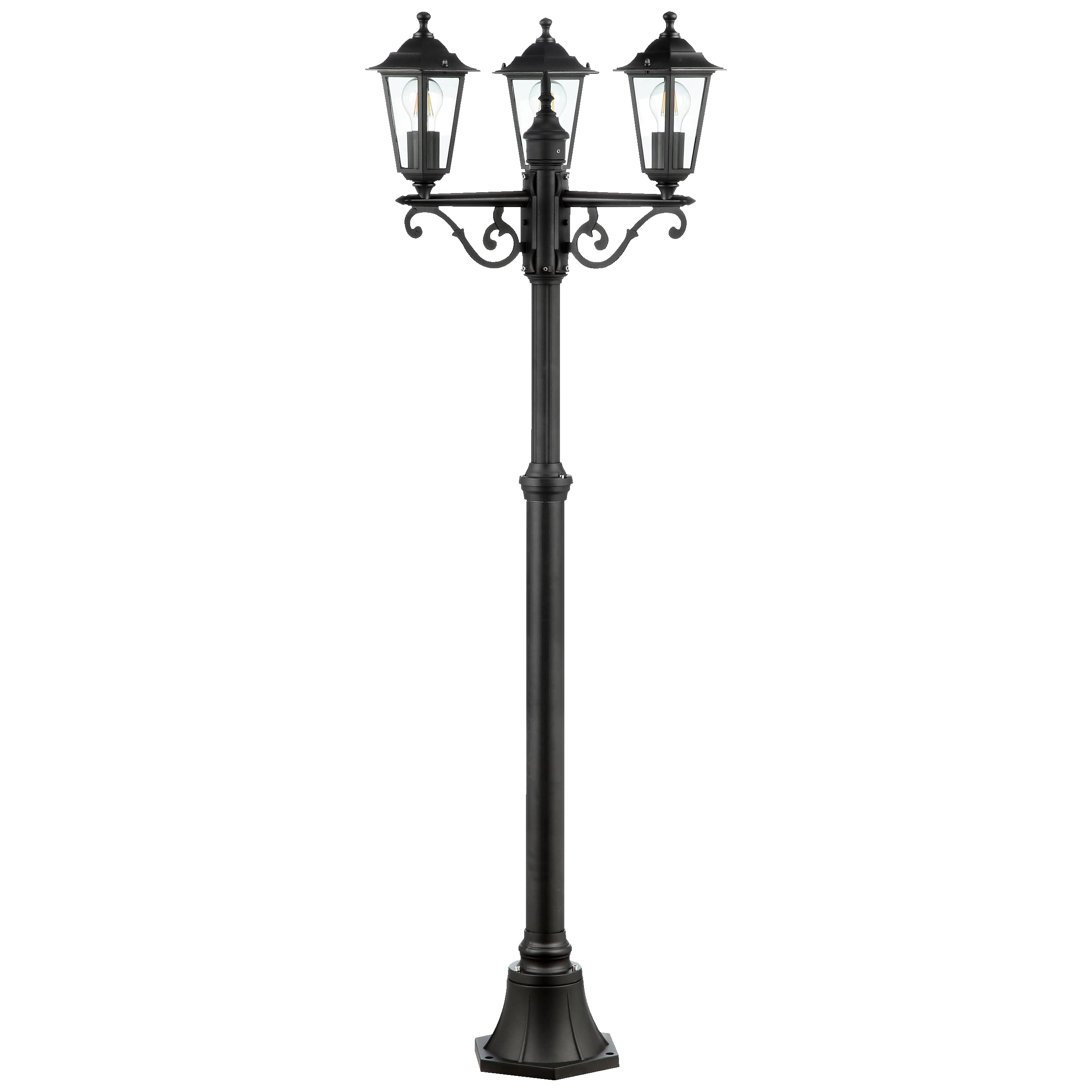 schwarze 3 flammige Außen Stehlampe - spritzwassergeschüzte Outdoor | Außen Stehlampe, 200 cm Höhe, Ø 61 cm, 3 x E27, max. 60 W, Metall/Glas