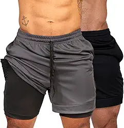 Kit 2 Bermuda Masculina 2 em 1 Shorts Duplo Dry Fit Treino Calção com Bolso Celular Academia Fitness Musculação Chumbo