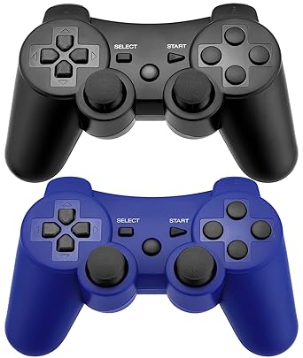 Ceozon PS3 Controller 2 Pack with Six-Axis Dual Vibration Wireless Control with Charging Cables Black + Blue