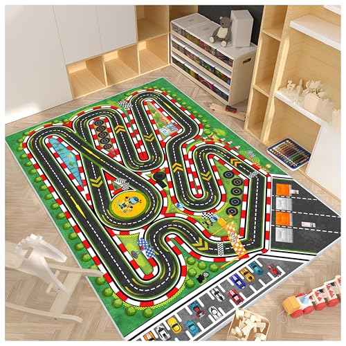 Fuzorise Kids Racing Rug 47''x71'' Car Road Kid Rug Carpet Playmat for Playoom Traffic Road Kid Play Mat for Bedroom，Kids Educational City Traffic Road map Fun Carpet (Green)