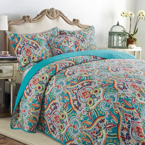 VAPUTAR Quilt Queen Bedding Set - Soft Cotton Quilts with Paisley Floral Pattern - Lightweight Reversible Bedspreads for Farmhouse (3 Pieces, Bright Teal)