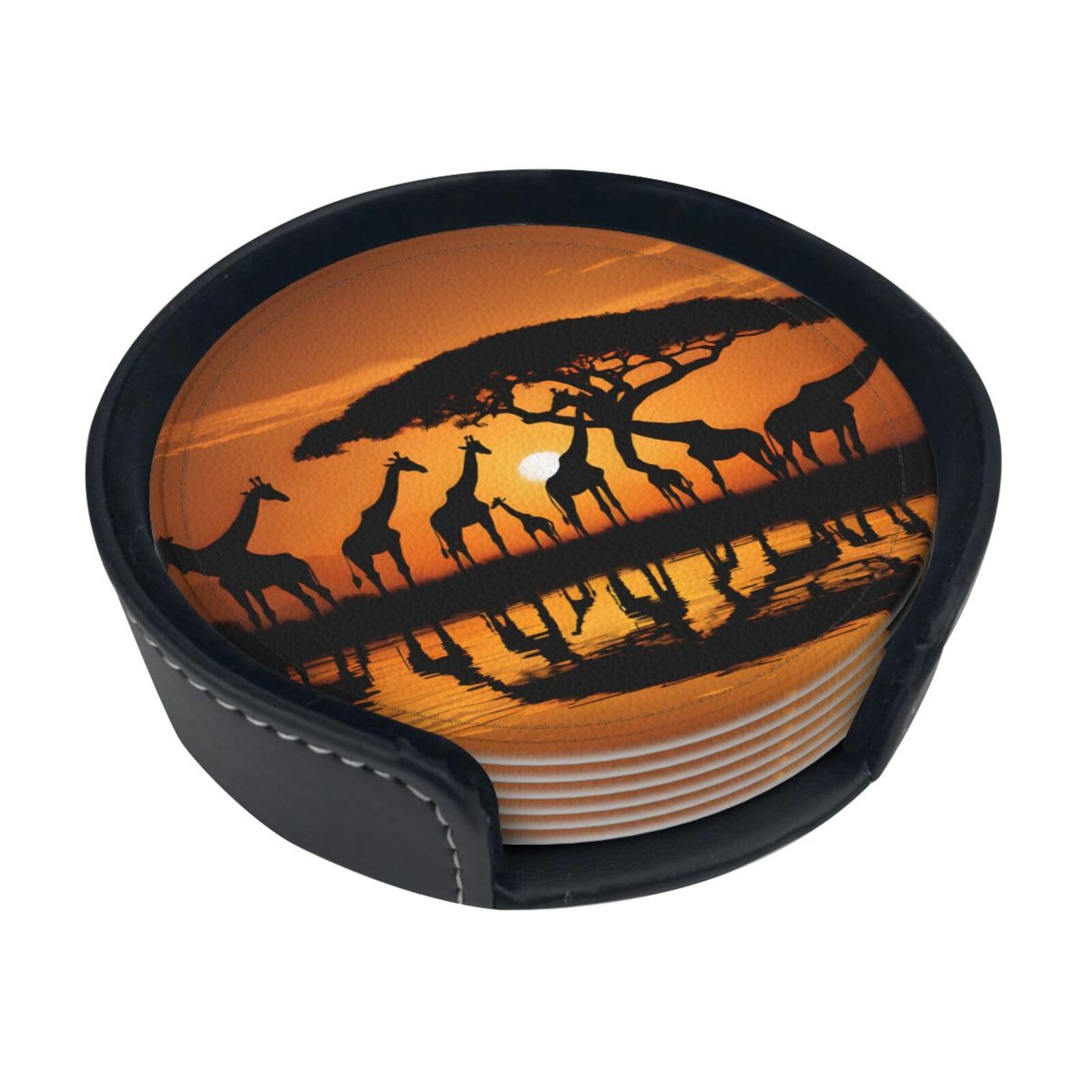 Ykclkshka White Africa Giraffe Majestic Tree Round Leather Coasters (6 Pieces) - Drink Coaster Set For Desk, Modern Easy To Clean Home Office & Farmhouse Coasters