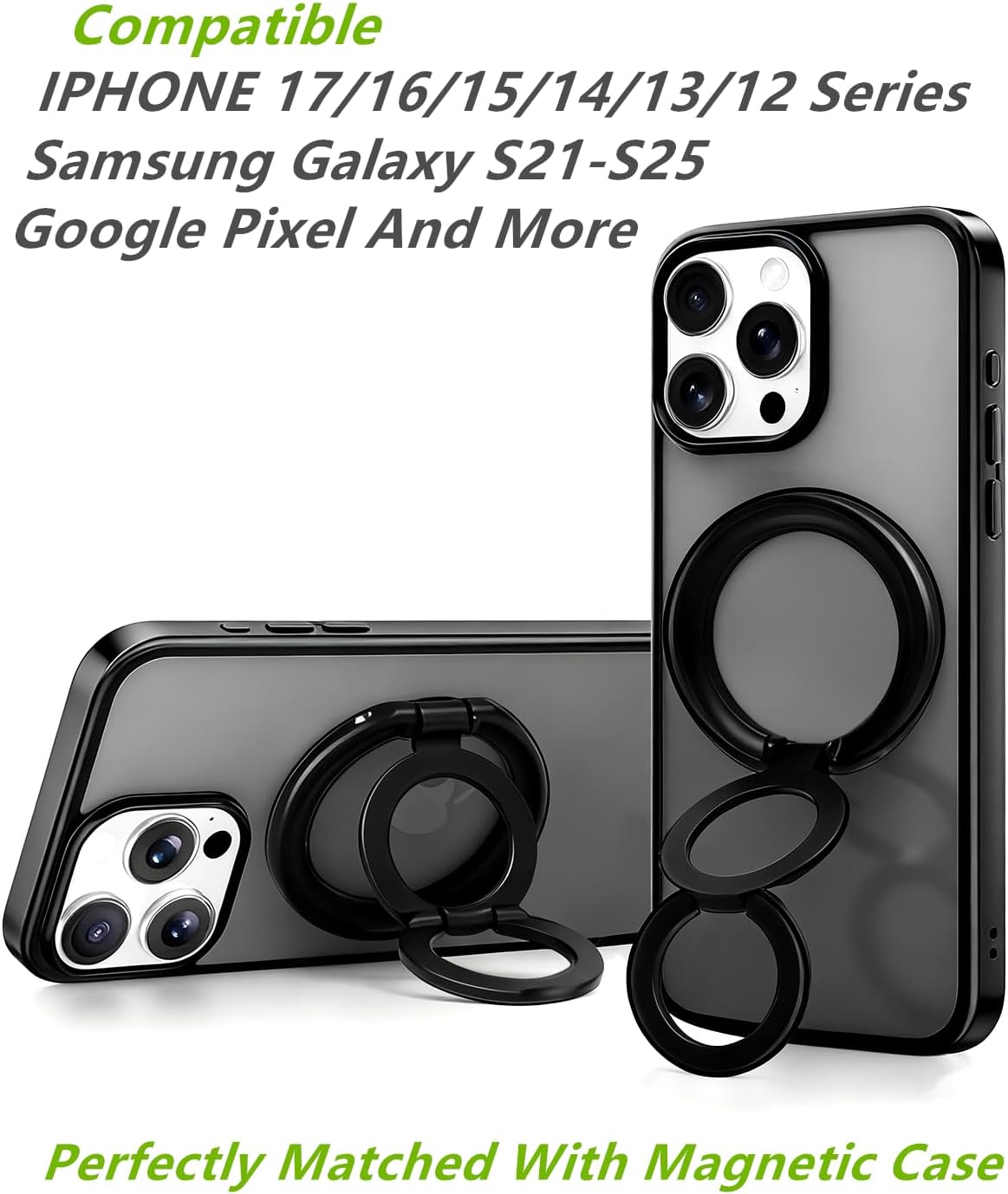 Magnetic Phone Ring MagSafe Phone Grip, Magnetic Cell Phone Stand Holder Finger Ring [Super Magnet] [360° Rotation] [Double Bracket] - Black 2025 New