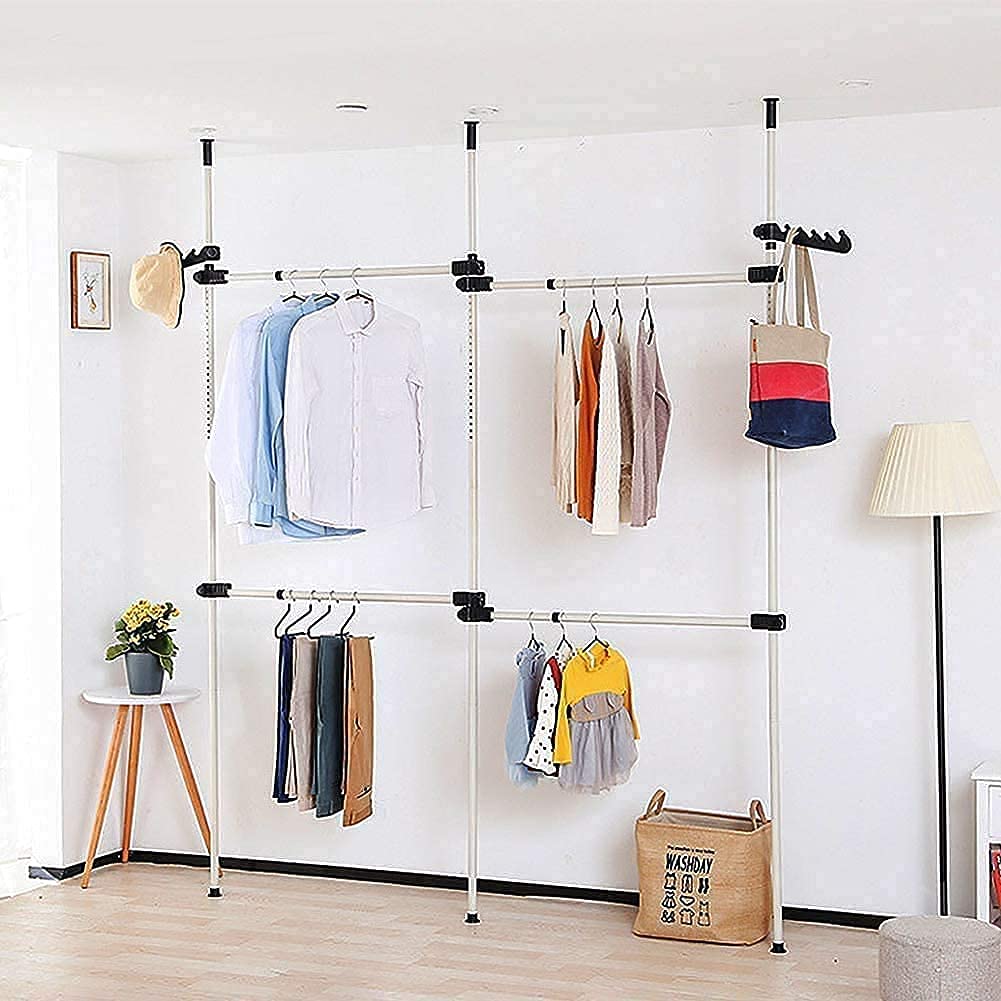 Telescopic Garment Rack, 3 Poles 4 Bars Coat Hanger Clothes Heavy Duty Wardrobe Hanging Storage Organiser Rail Shelving DIY Garment Rack with 2 Hooks Adjustable Height 281 - 329cm,Per Bar Support 60kg