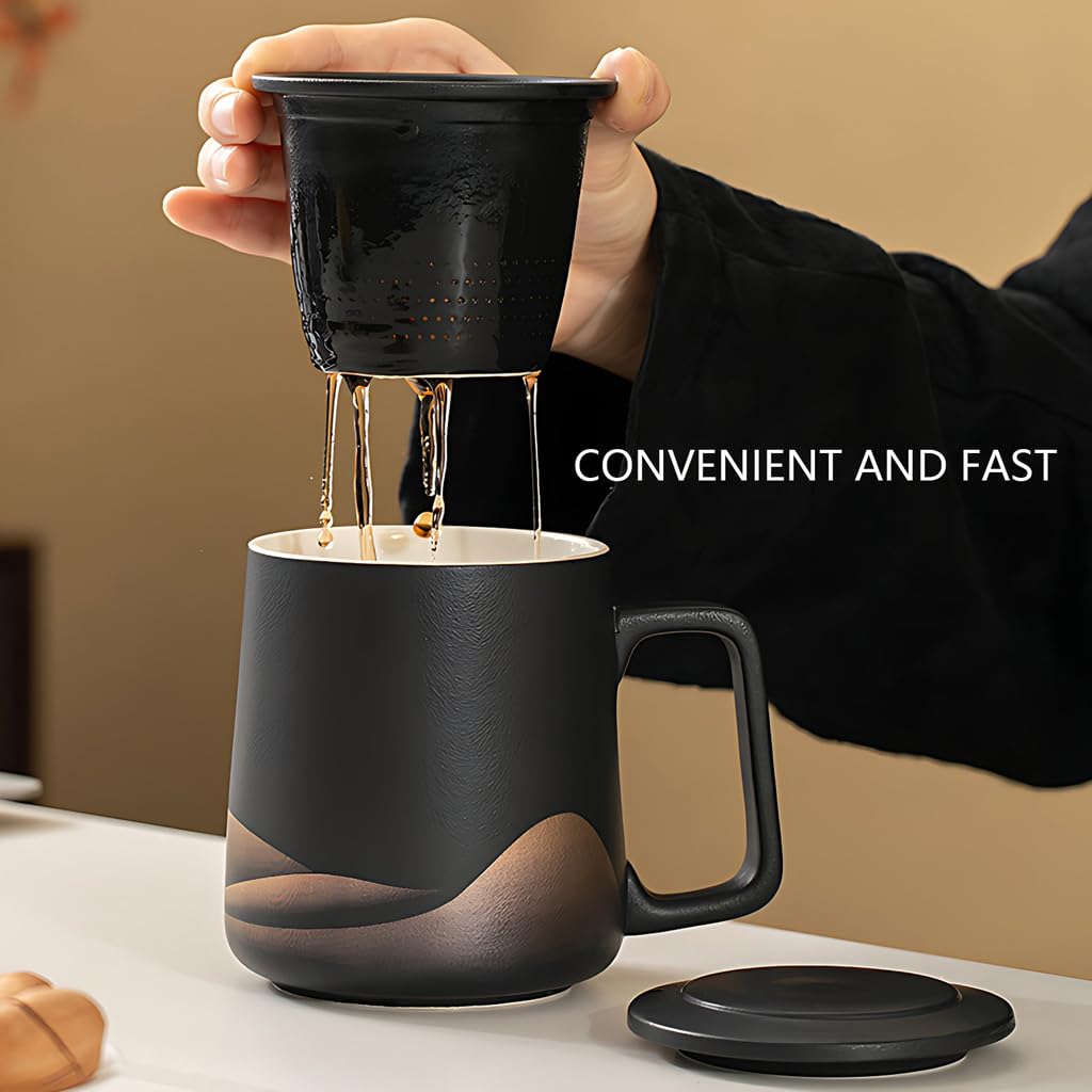 Générique Tasse à Thé avec Couvercle Et Filtre, en Céramique pour Infuser Le Thé en Vrac, Dune Capacité De 360 ​​ML, émail Noir Mat Fait Main, Idéale pour Offrir (White)