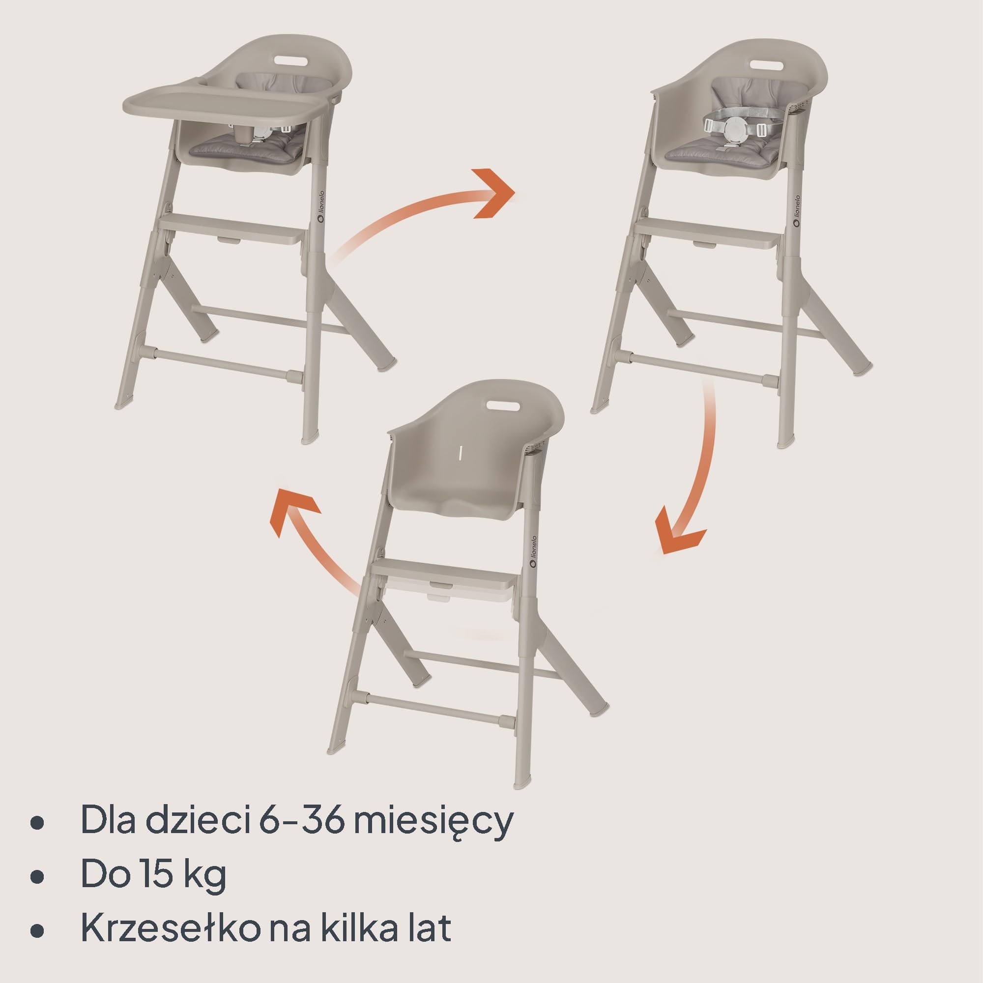 Lionelo BENY krzesełko dla dziecka 6 miesięcy - 3 lata przesuwna taca 2 pozycje, krzesełko ewolucyjne z podnóżkiem regulowanym jedną ręką, pasy 3-punktowe, łatwe do czyszczenia, zmywalna poduszka