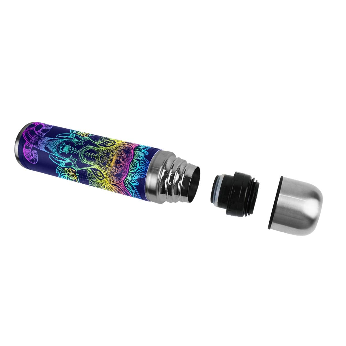 Thermosflasche für unterwegs, vakuumisoliert, Edelstahl, doppelwandig, auslaufsicher, bunt, ethnisch, Elefant, Mandala, personalisierbar, bedruckt, echtes Leder, 500 ml