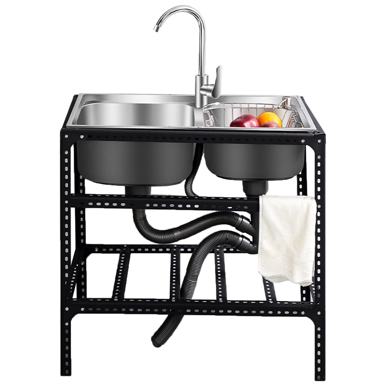 Évier cuisine extérieur double bac inox avec robinet eau chaude froide