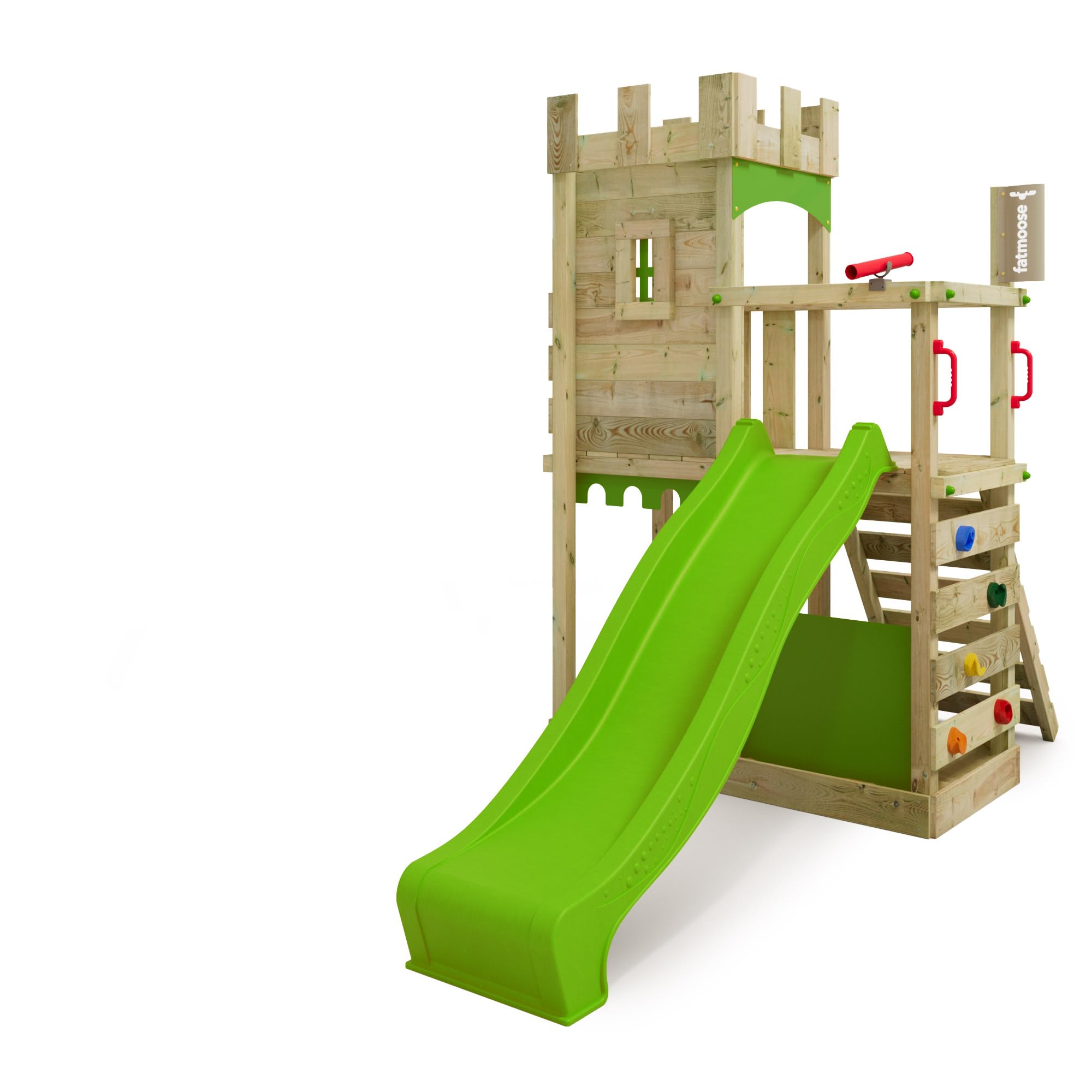 FATMOOSE Spielturm Ritterburg BoldBaron Boost XXL mit apfelgrüner Rutsche – Outdoor-Kletterturm mit Sandkasten, 120 cm Podesthöhe