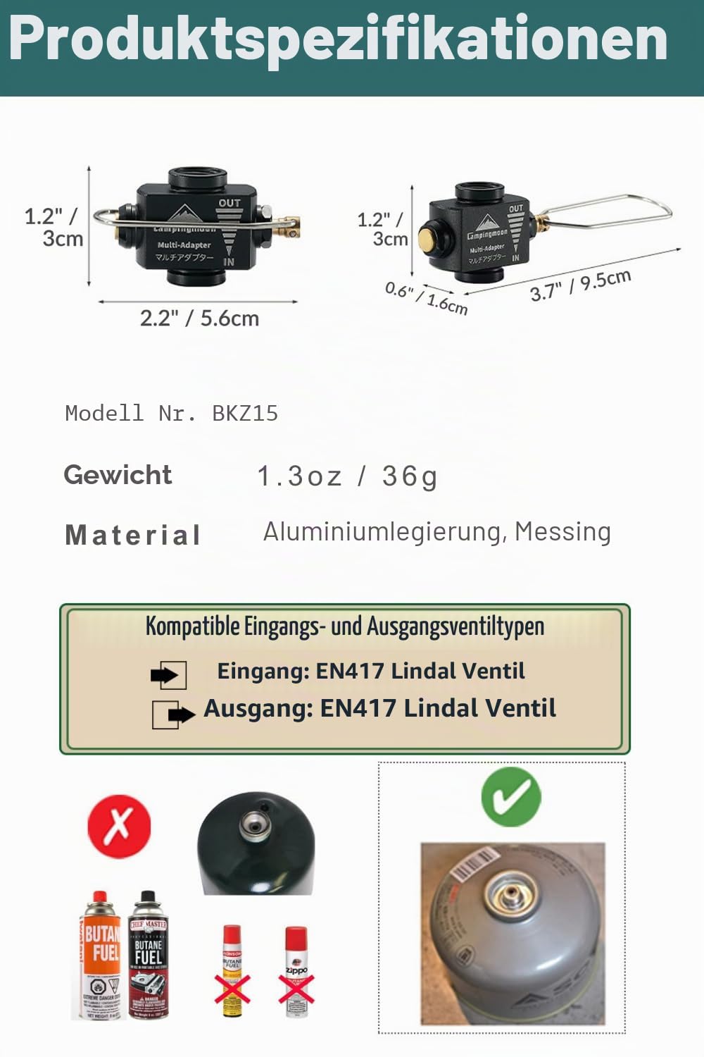 CAMPINGMOON Gaskanister Nachfülladapter Butan auf Isobutan Transfer Adapter Schwarz BKZ15/BKZ11