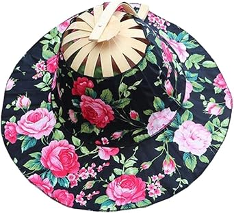 2 in 1 Foldable Hand Fan Hat for Women Sun Hat Summer Flower Chinese Style Bamboo Fan Sunhat for Travel Beach