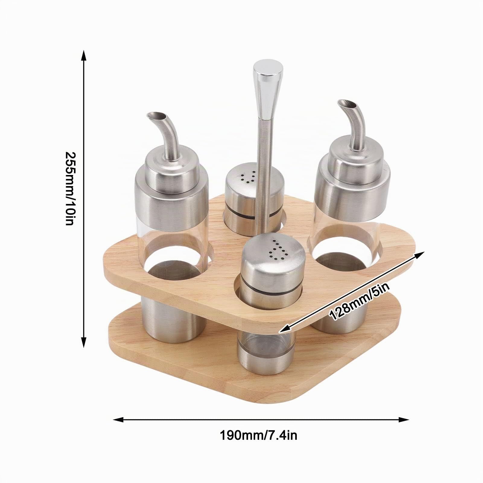 HERCHR Set di scatole per condimento da banco in Acciaio Inossidabile, 2 Set Dispenser Olio e Aceto, 2 Dispenser di condimenti con base in legno, Set di saliera e pepiera per cucina ristorante