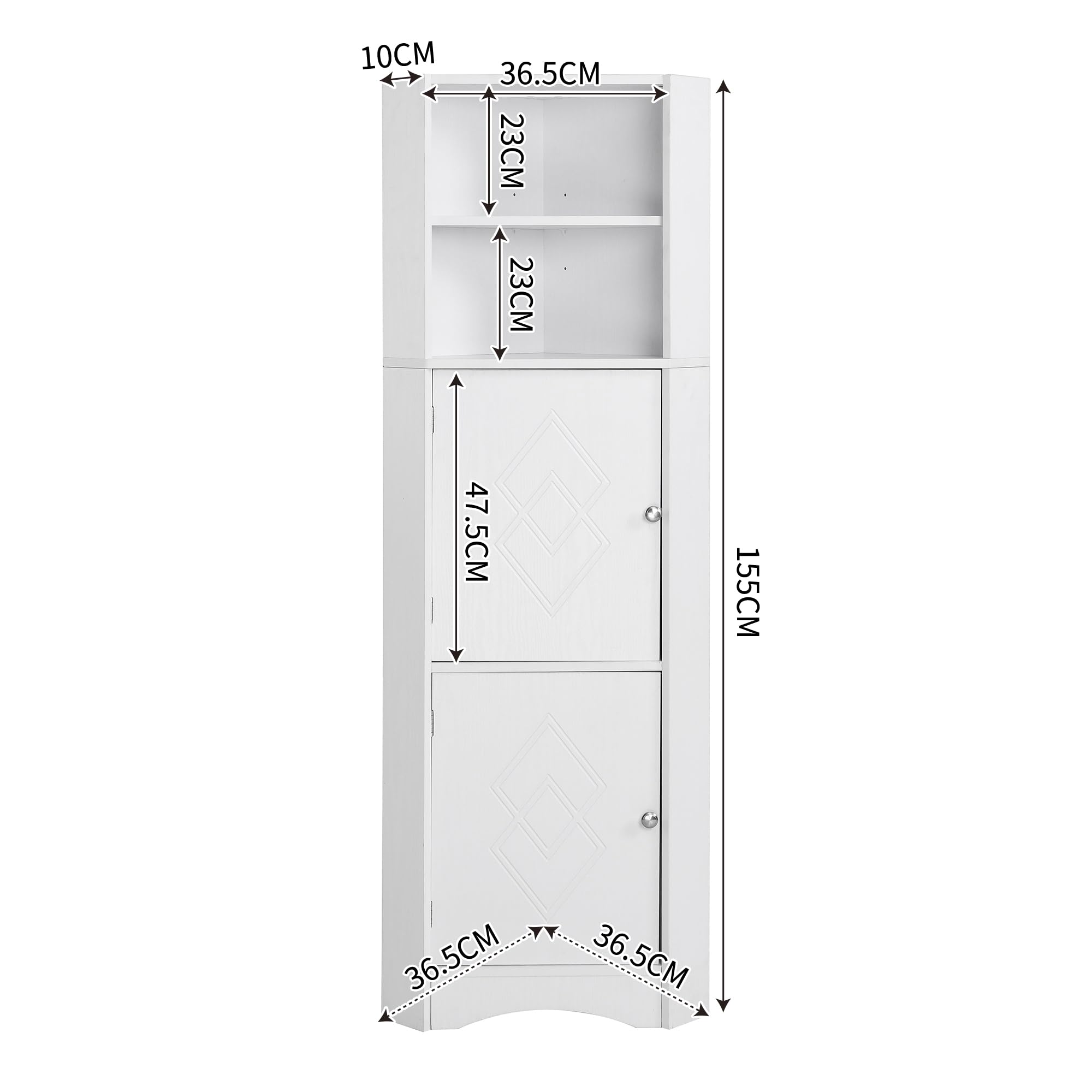 Kebnor Badschrank, Badmöbel, Eckschrank mit Zwei Ablagefächern, offenes Fach mit verstellbarem Einlegeboden, 36.5X 36.5 x 155 cm (weiß)