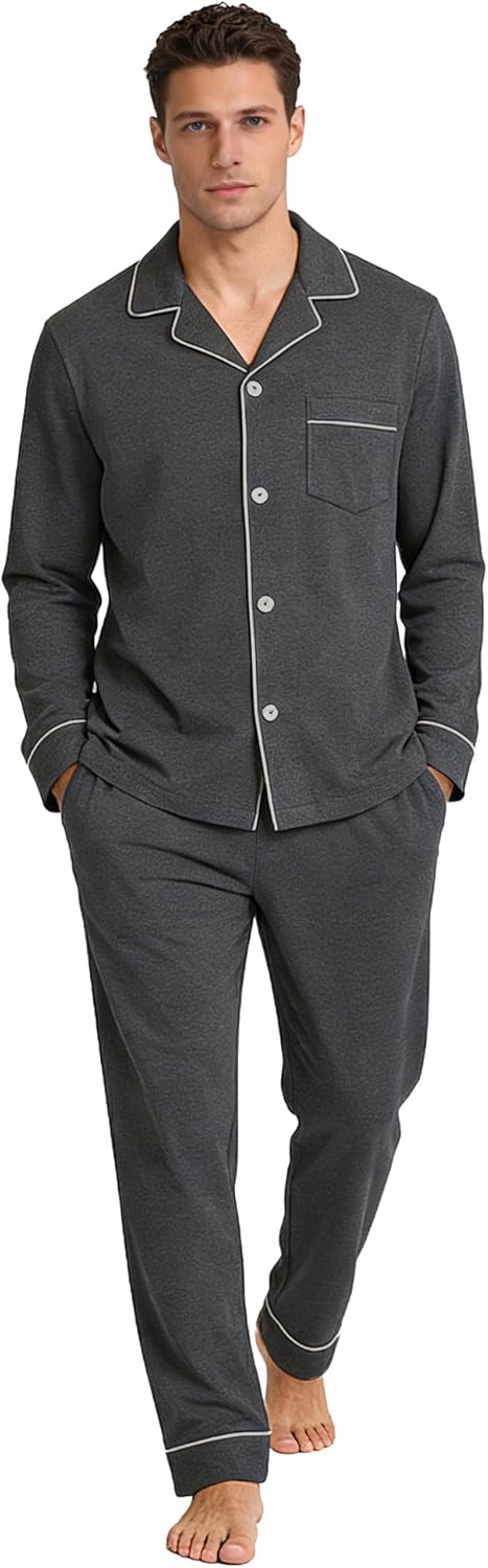 U2SKIIN Mens Cotton Pajama Set, Soft Long Sleeve Pajamas for men Lightweight Button Up Sleepwear Lounge Pjs Set with Pockets