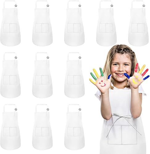 Miniatura 12 de Paquete de 12 delantales para niños a granel con 2 bolsillos delantal de chef de arte ajustable delantales de pintura para niños para cocinar