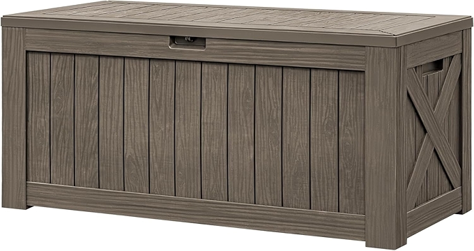 GUNJI 120加仑防水储物箱 大容量可锁储物盒 适用于户外家具和园艺工具 (浅棕色)