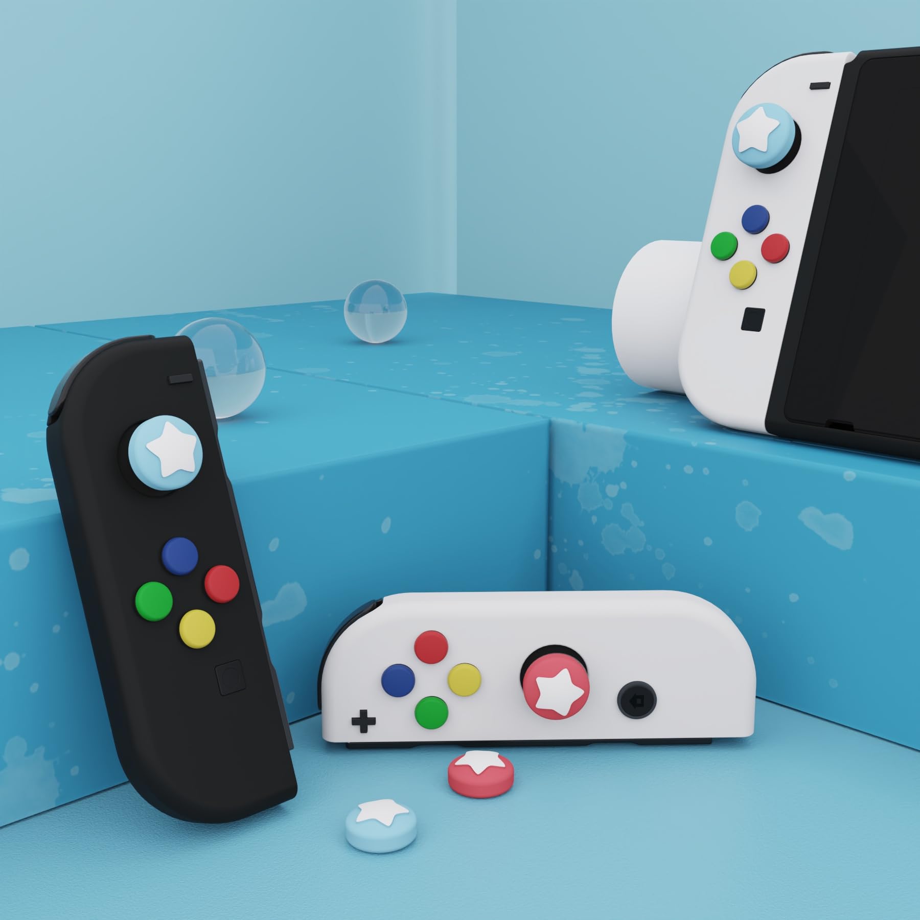 eXtremeRate PlayVital Agarres para el Pulgar para Nintendo Switch Joycon Lite Tapas de Joystick con Diseño de Estrella Thumb Grips de Silicona Tapas de Pulgar para Switch Lite joycon(Rojo Indio+Azul)