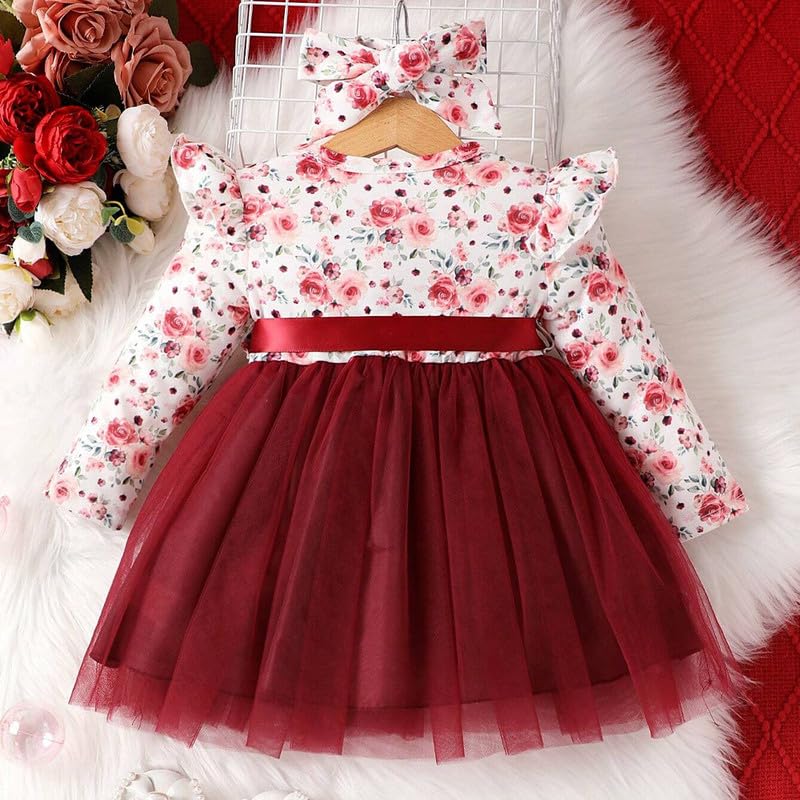Image of Niren Enterprise Long Sleeve Printed Flower Belted Round Neck Baby Girl Frock with Knee-Length and A-Line Style