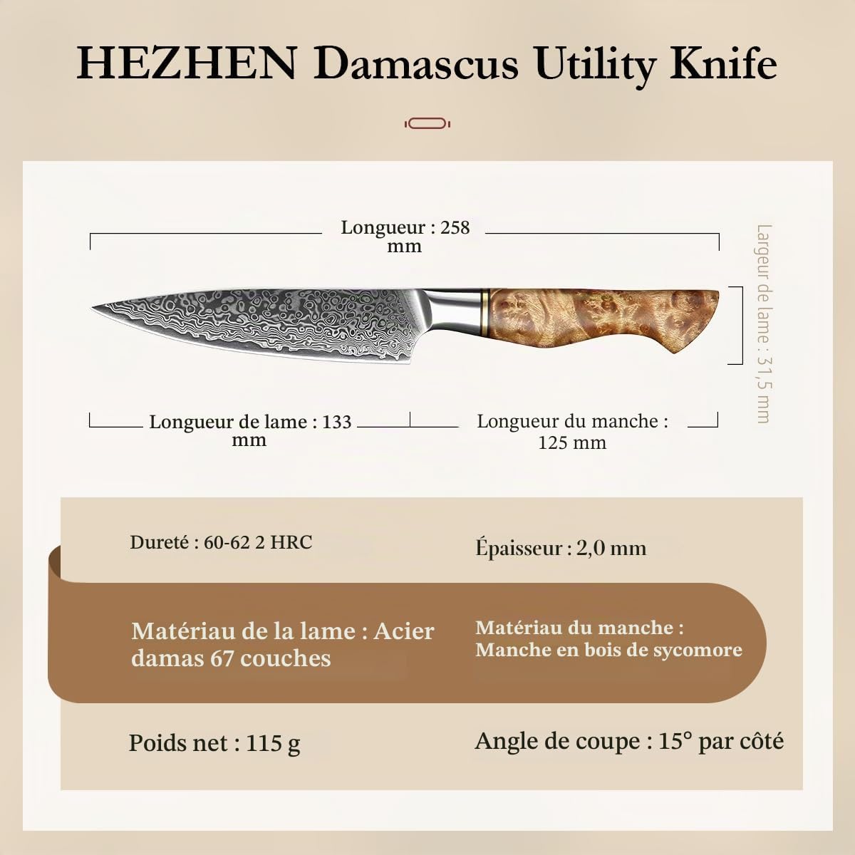 HEZHEN Couteau Universel, Acier Damas Couteaux D'office, Multifonctionnel Couteau à Fruits, Figured Sycamore Wood Handle
