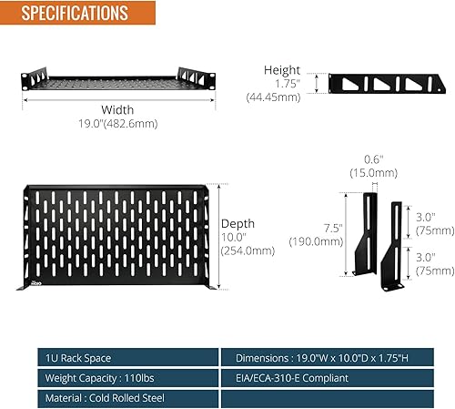 Miniatura 2 de Tecmojo Estante para servidores, estante de rack de 1U de 10 pulgadas de profundidad, estante de red con topes antideslizantes, capacidad de peso de
