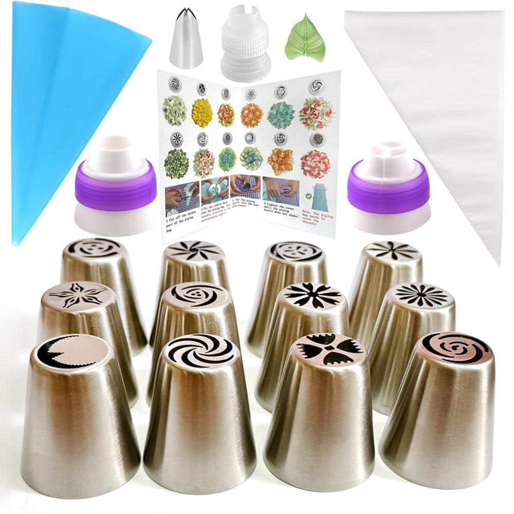 Russian Piping Tips Set, 48PCS Flower Piping Tips for Cake Decorating Large Frosting Piping Kit Icing Bags and Tips Set, Pastry Bags and Tips Cupcake Decorating Kit Cookie Baking Supplies and Tools