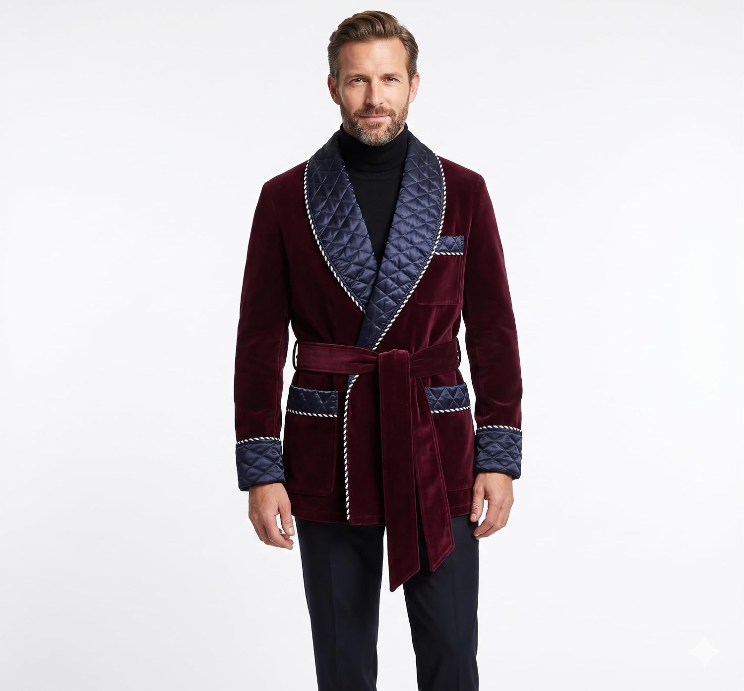 Men’s Burgundy Velvet Smoking Jacket with Blue Satin Quilted Collar | Luxury Belted Dinner & Party Host Robe Coat