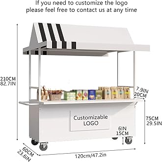 Mobile Cart with Wheels Selling Food, Vending Iron Cart with Canopy, Customizable Logo, for Street Food, Handicrafts, Snacks(Black)