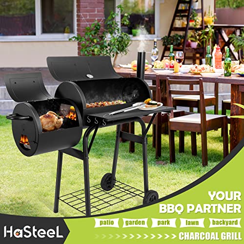Image of HaSteeL Outdoor Charcoal Grill with Cover, Large Barrel BBQ Grill with Offset Smoker, Great for Camping Patio Backyard Garden Party Picnic Beach, Large 420.SQ.IN Cooking Area, 2 Screwdrivers - Black
