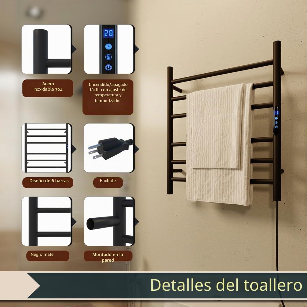 KWW - Toallero con calefacción, control remoto con APP Tuya, calentador de toallas con temporizador, calentador de toallas montado en la pared para baño (negro mate, 5 barras)