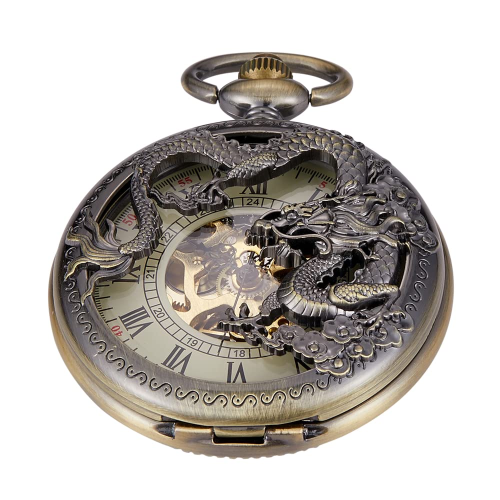 Bronze Retro Mechanical Pocket Watch Skeleton Roman Numerals Hollow Mechanical Pocket Watches with Box