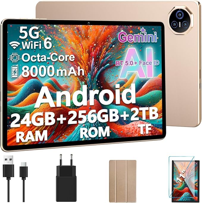 Dghrti 2026 Tablet 11 Pollici da Touch Android, [256GB ROM 8000mAh], 24 GB RAM/2TB TF, Octa-Core, Gemini AI, UFS 2.2 Flash, FHD IPS, Suono 3D, 13MP + 5MP, Dual WiFi, BT 5.0, Widevine L1, Face ID, Oro