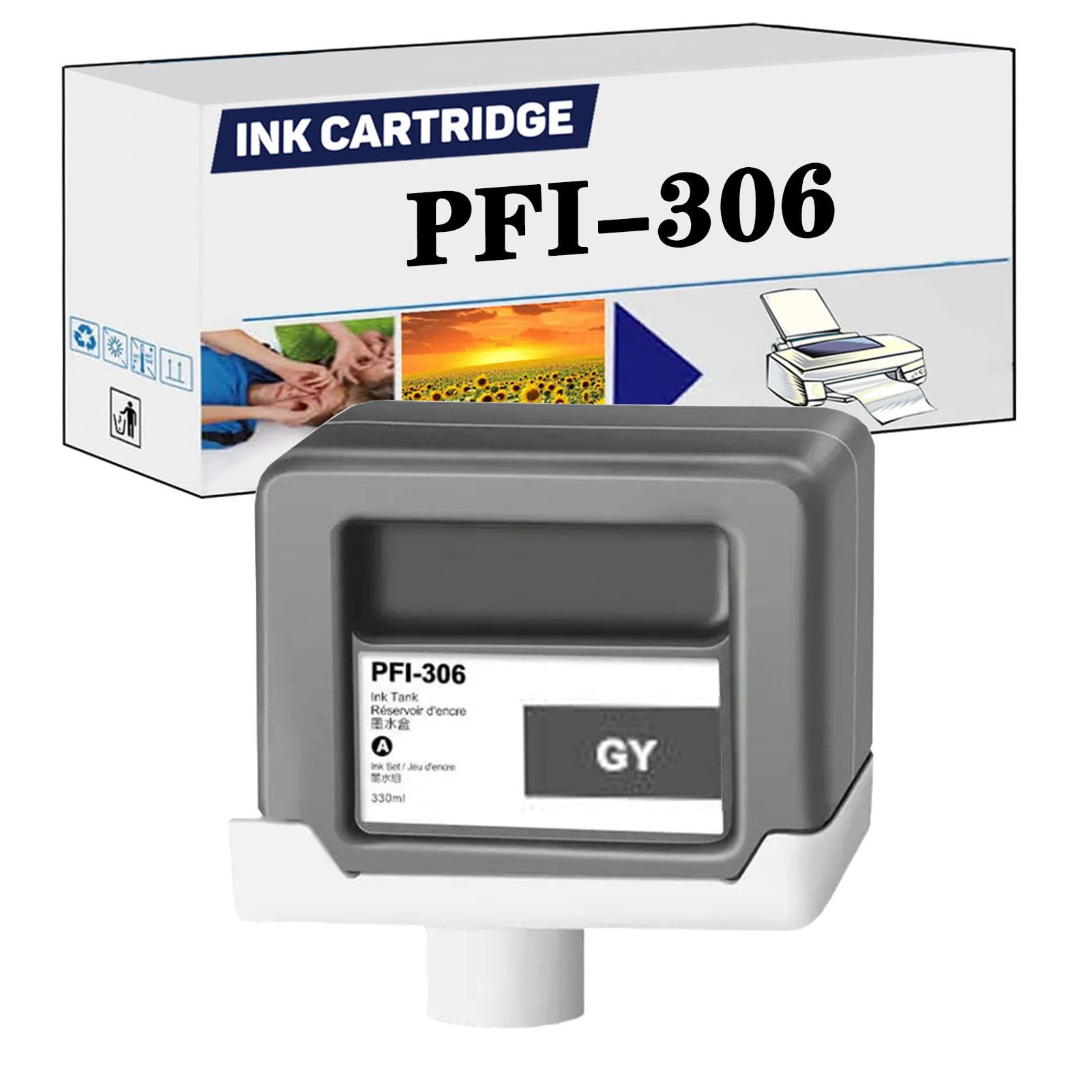 Compatible for Canon PFI-306 PFI306 PFI 306 Ink Cartridge High Capacity 330 ML Replacement to Use with IPF8300 IPF8300S IPF8400 IPF8400S IPF8400SE IPF8410 Printers 1 X Gray 330ML
