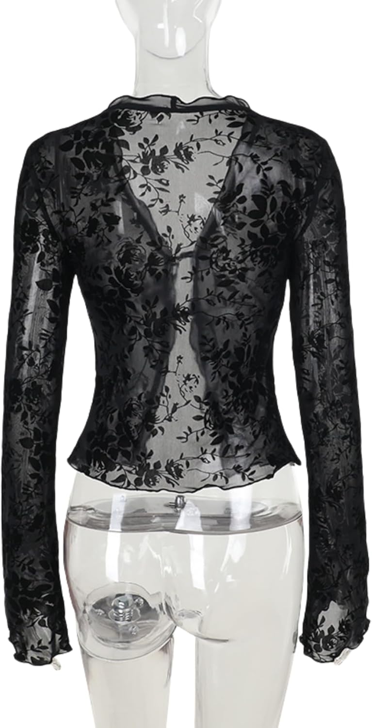 Women's Sheer Mesh Leopard Print Crop Top T Shirt Sexy Lace Deep V Neck Blouse Long Flare Sleeve Slim Tee Shirt - Image 4