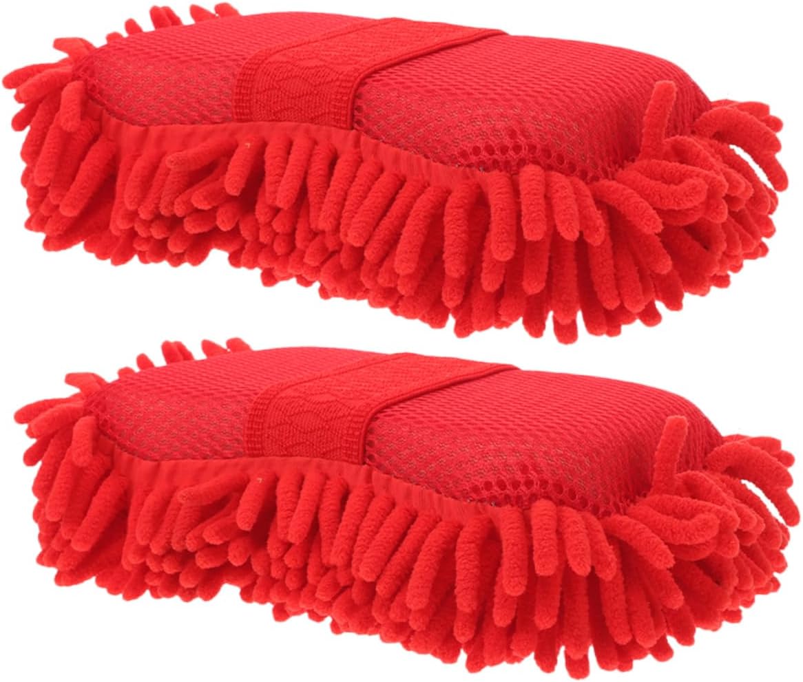 ULTECHNOVO 2pcs Chenille Microfiber Wash Mitts Lint Car Cleaning Sponge for Exterior and Interior Use Lightweight and Versatile Car Care Accessories Red