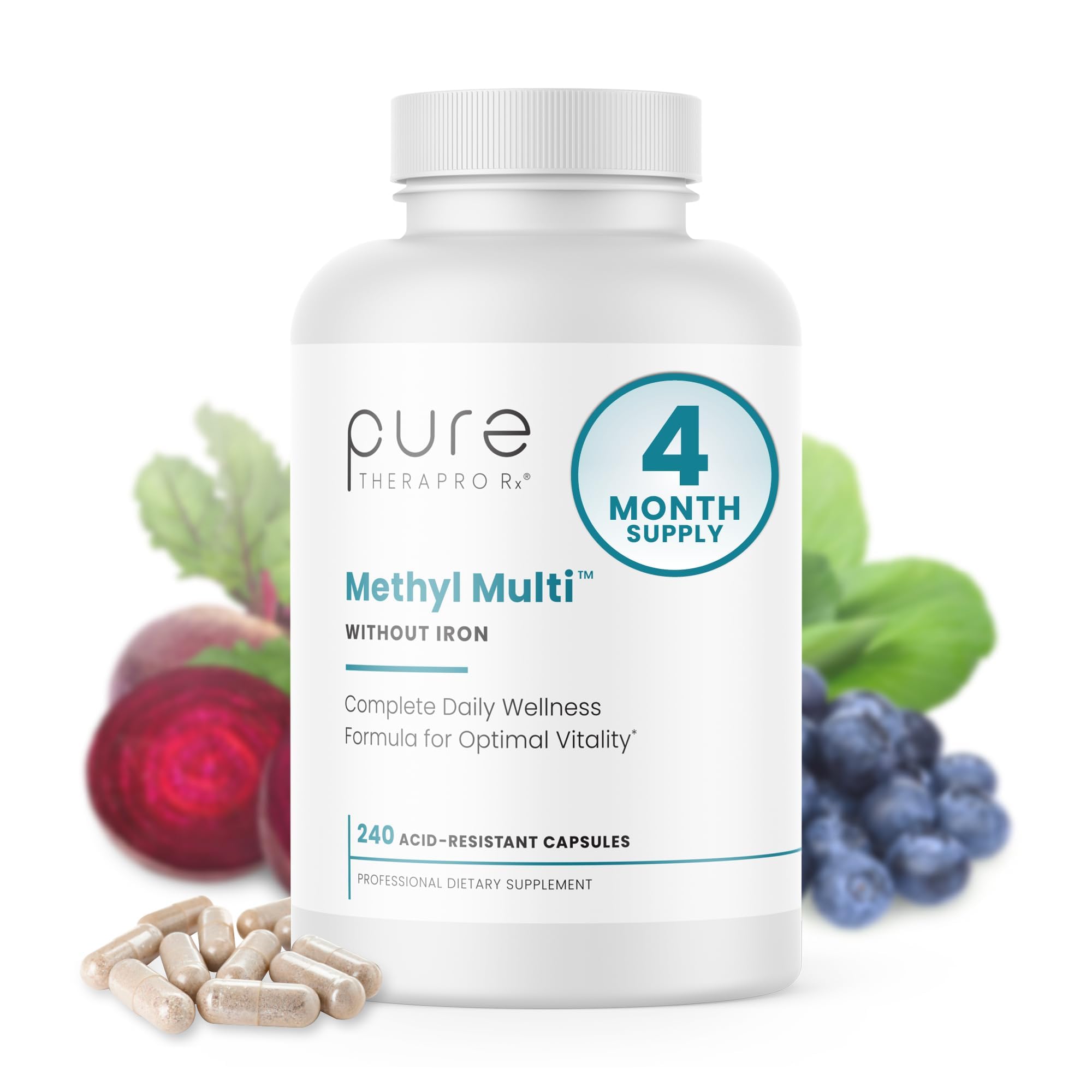 Pure Therapro Rx Methylated Multivitamin for Men and Women | Methyl Multi Without Iron + Methyl B12 & Methylfolate | Pharma Grade | 240 Capsules, 4-Month Supply