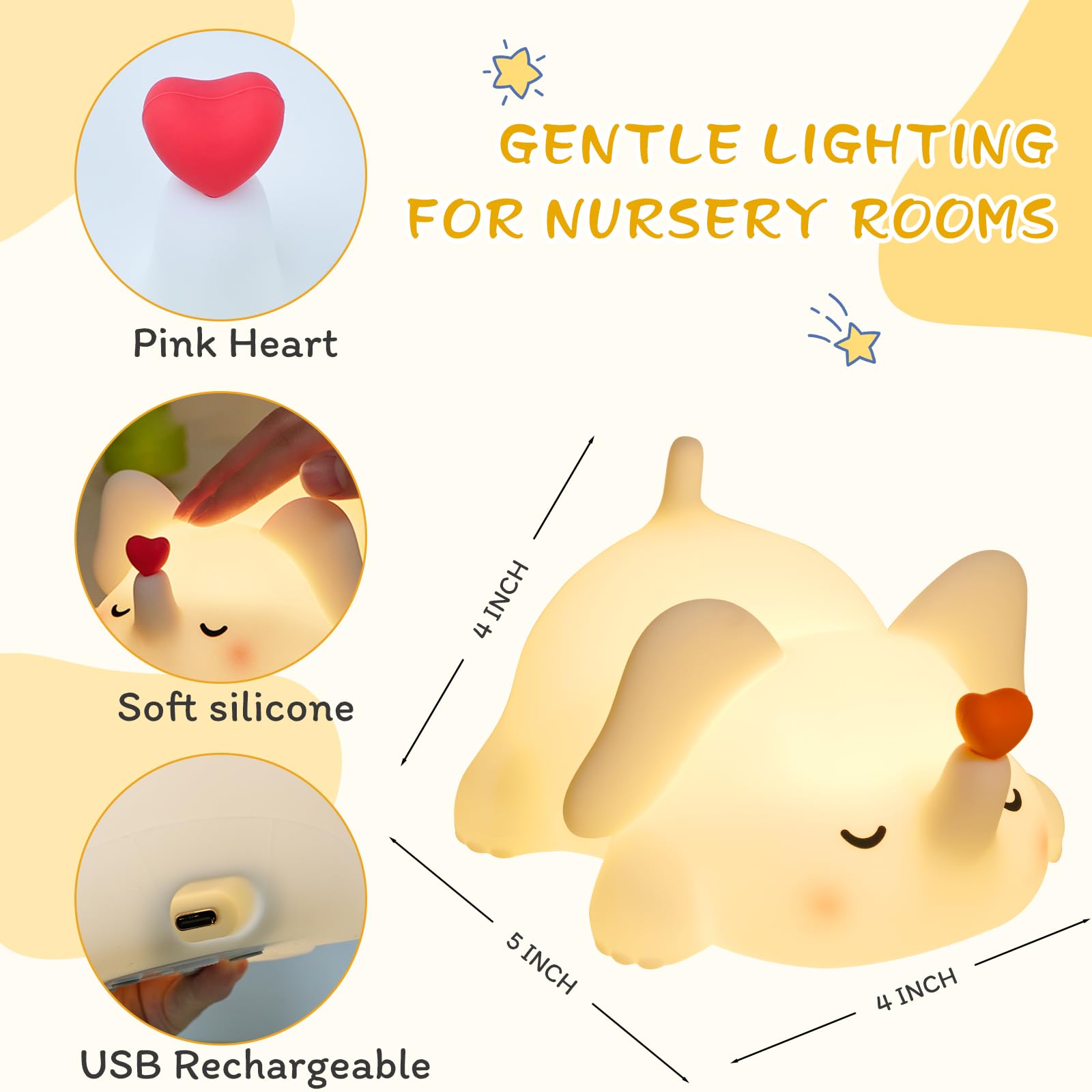 Elefant Nachtlicht für Kinder, Silikon Squishy Lampe mit Touch-Steuerung 3-stufig dimmbar, Auto-Off-Timer, wiederaufladbares Kinderzimmerlicht, Baby-Geschenk (weiches Weiß)