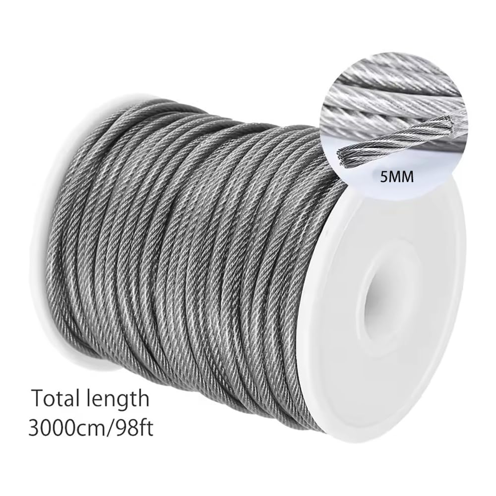 NEWFUN Cable de acero de 5 mm, Juego de Tensores de Cable M6 de acero Inoxidable, Cable de Acero Recubierto de PVC para Tendederos, Alambre de Jardín, Colgar Cuadros.