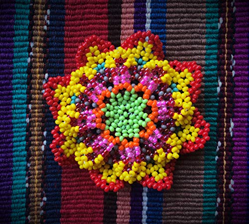 Image of Mayan Arts Mini Beaded Flower Brooch Pin, Green, Orange, Yellow, and Blue Handmade Decorative Flowers, Jewelry Accessory, Fair Trade Guatemala, 2.5 Inches