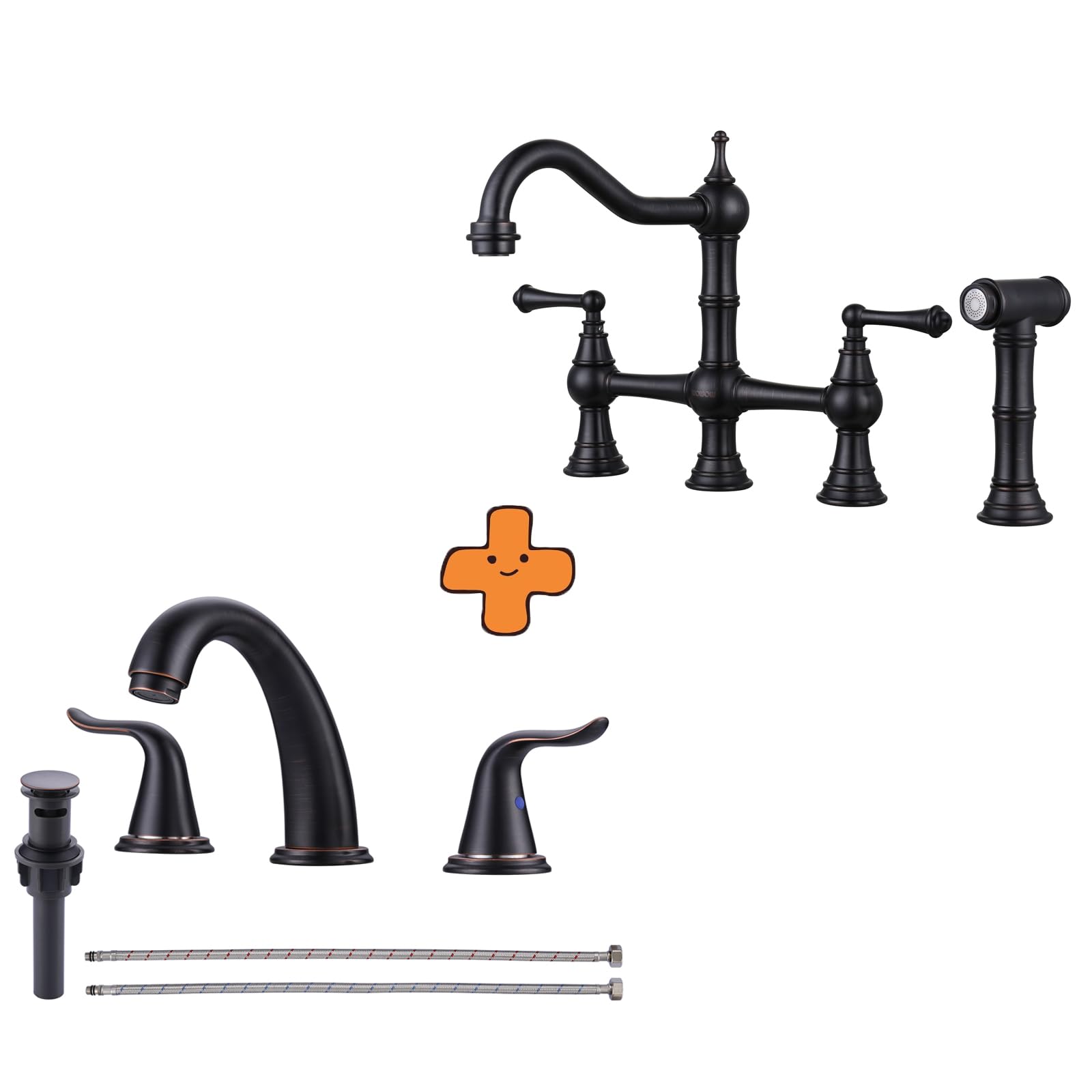 Jnfidosr Bronze Widespread Bathroom Faucet Oiled Rubbed Bathroom Sink Faucet 3 Hole Vanity Faucet 2 Handle Basin Faucet And Brass Kitchen Faucet With Side Sprayer, 8 Inch Centerset Bridge Faucet