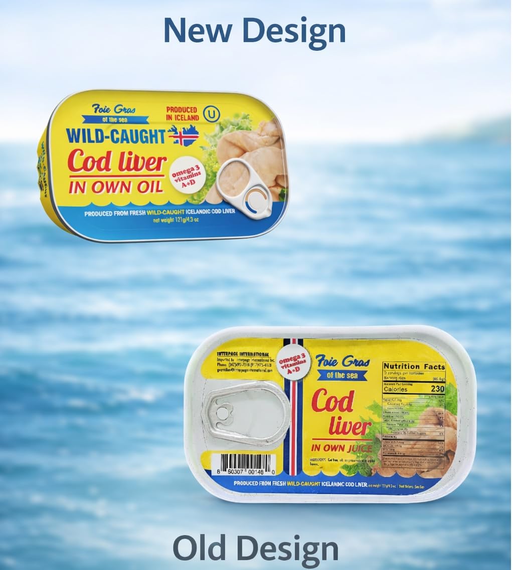 Foie Gras of the Sea Icelandic Cod Liver – Wild Caught Canned Cod Liver in Own Oil, 4.3 oz (Pack of 6) – Premium Gourmet Seafood, Omega-3 Rich, Kosher
